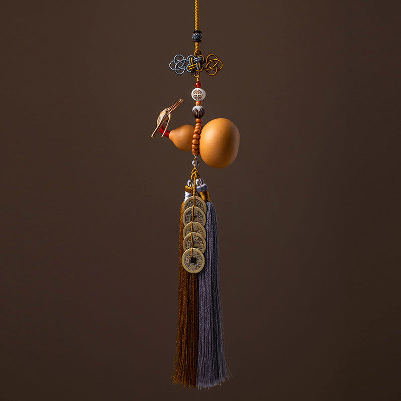 Feng Shui Five Emperor Coins Gourd Tassels 41cm Decoration