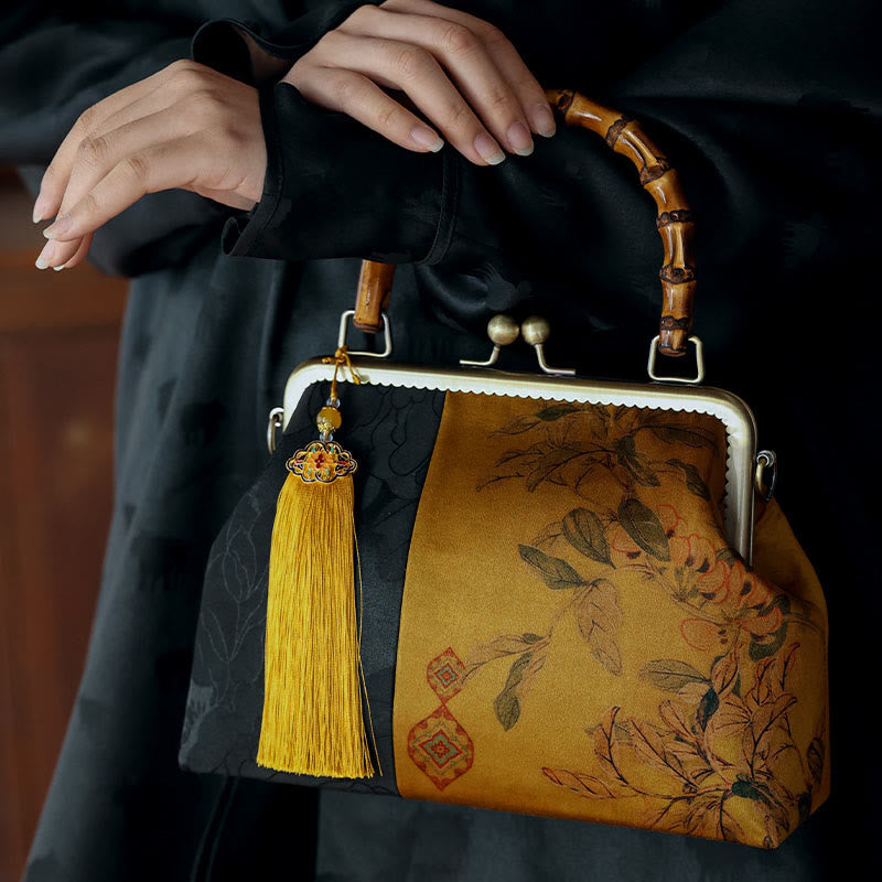 Nature-Inspired Bamboo Handle Bag with Leaves and Bird Design