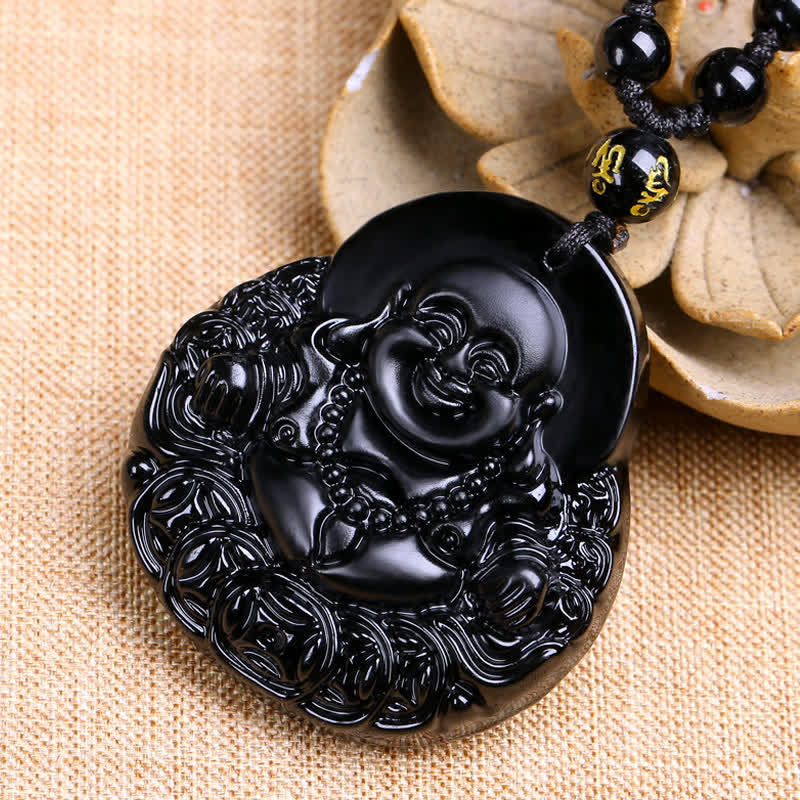 Black Obsidian Laughing Buddha Strength Protection Necklace