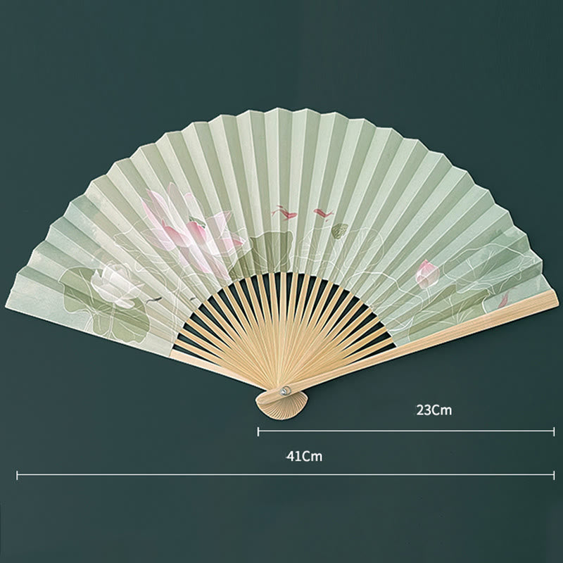 Lotus Flower Chinese Folding Fan with Bamboo & Paper