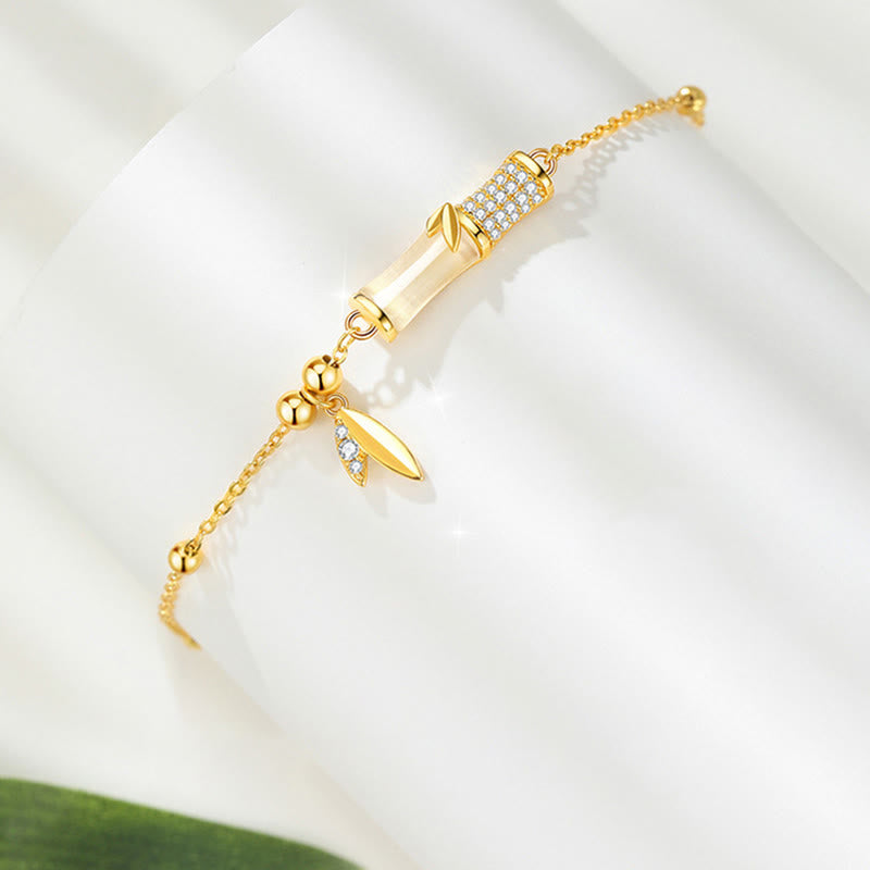White Jade Protection Bracelet with 18K Gold Plated Silver Bamboo Leaf