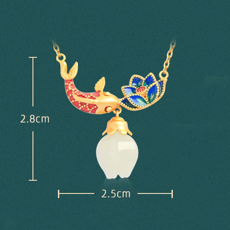 White Jade Koi Fish Lotus Protection Necklace Pendant