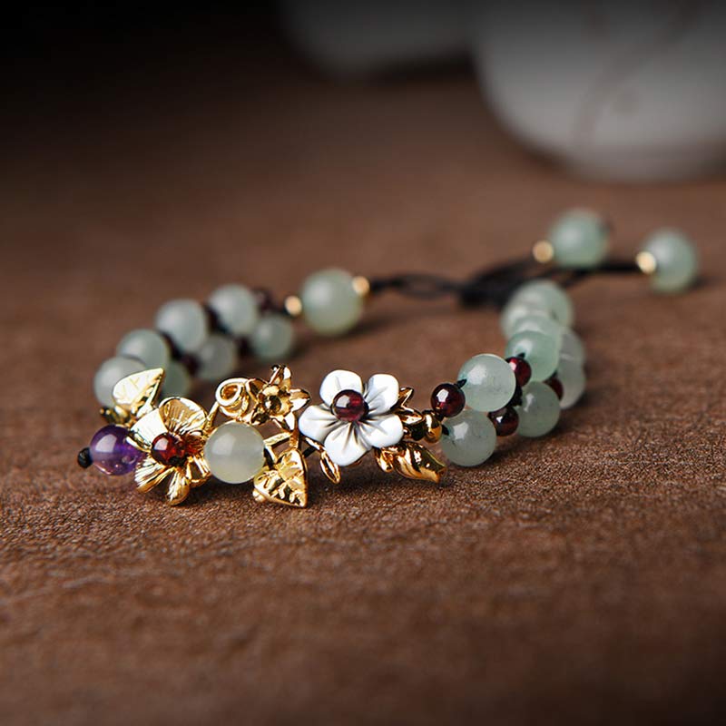 Green Aventurine & Garnet Luck Bracelet with Flower Petals