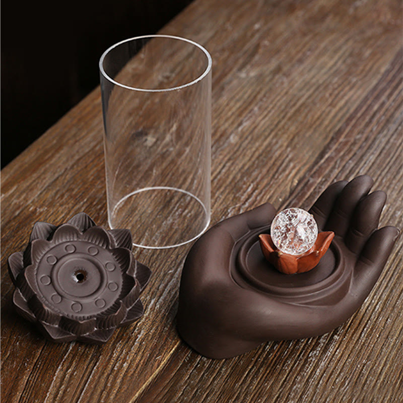 Purple Clay Buddha Hand Lotus Enlightenment LED Light Incense Burner