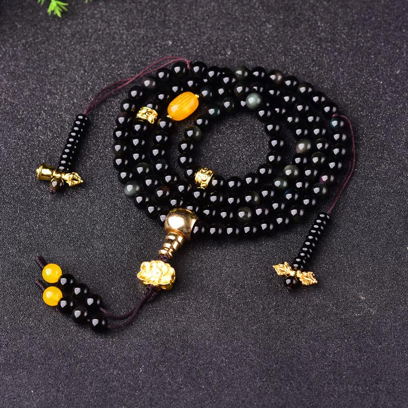 108 Beads Black Obsidian Lotus Fulfilment Mala Bracelet 6mm