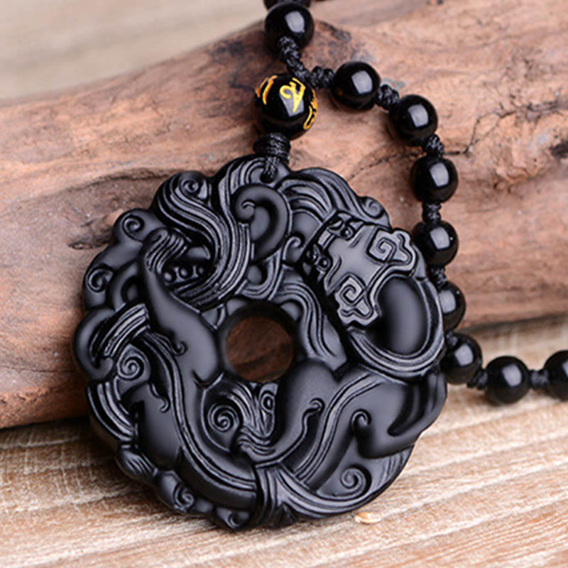 Black Obsidian Peace Buckle Pixiu Protection Necklace