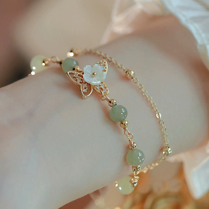 Double Layer 14K Gold Plated Jade Butterfly Luck Bracelet