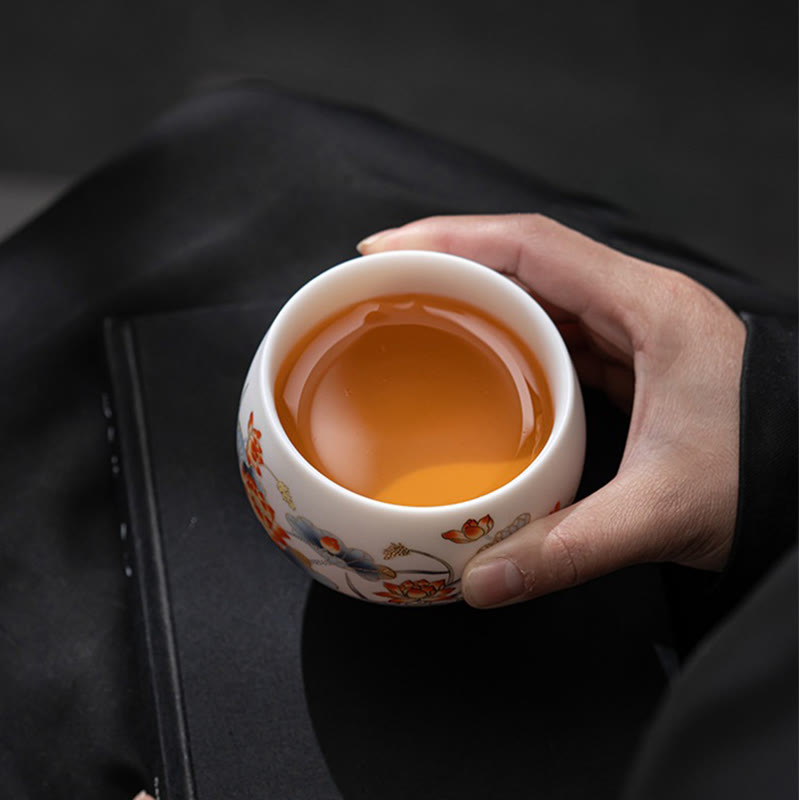 Ceramic Zen Decor Tea Cup | Phoenix Dragon Lotus Motifs