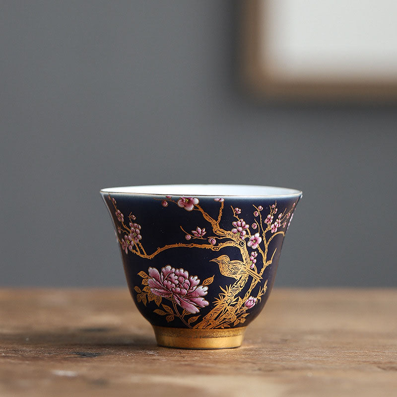 Golden Magpie & Peony Ceramic Teacup for Kung Fu Tea