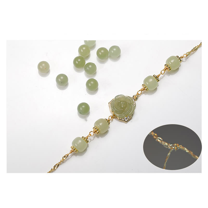 14K Gold Plated Hetian Jade Rose Flower Luck Bracelet