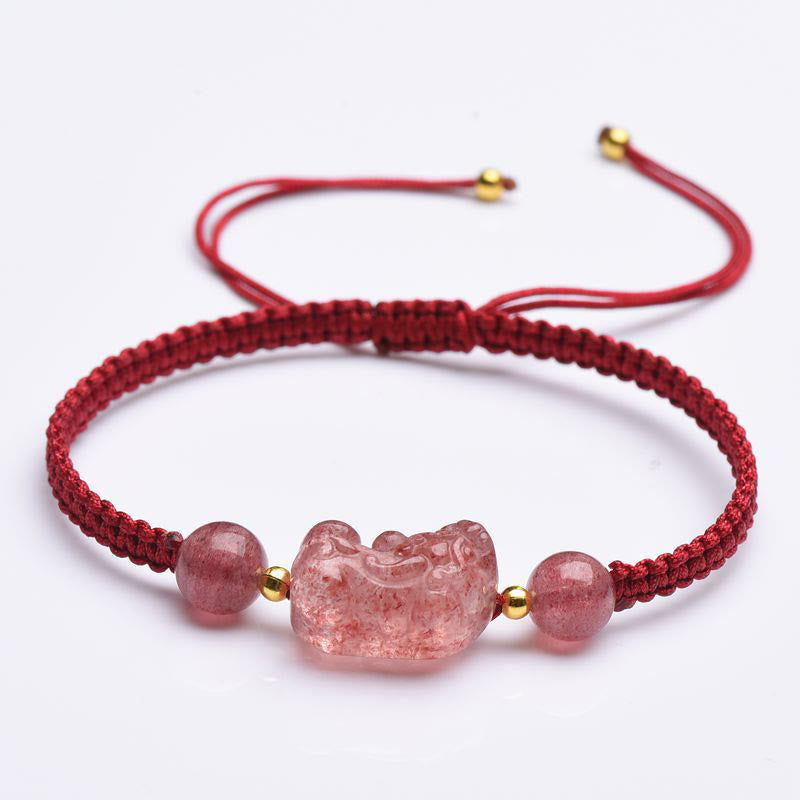 Natural Strawberry Quartz PiXiu Red String Bracelet for Luck