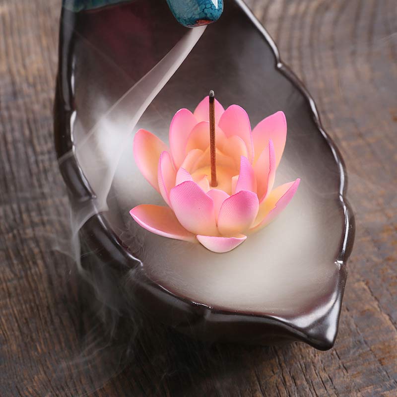 Ceramic Lotus Backflow Incense Burner with Deer 18cm