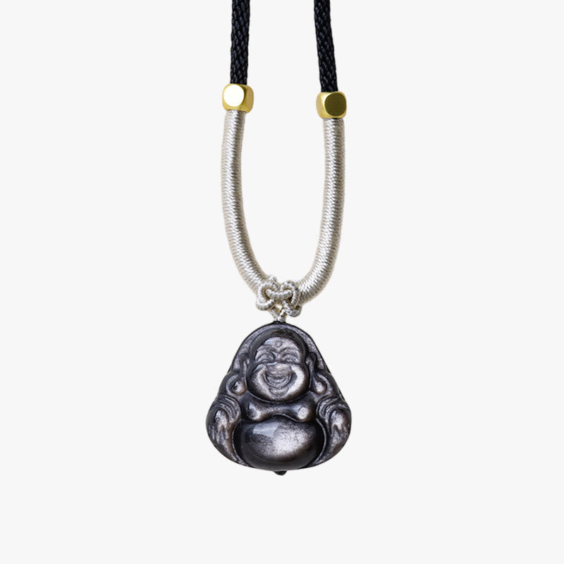 Silver Sheen Obsidian Protection Necklace with Laughing Buddha
