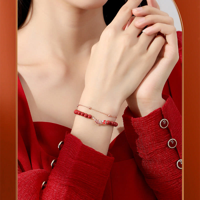 925 Sterling Silver Koi Fish Prosperity Bracelet Double Chain