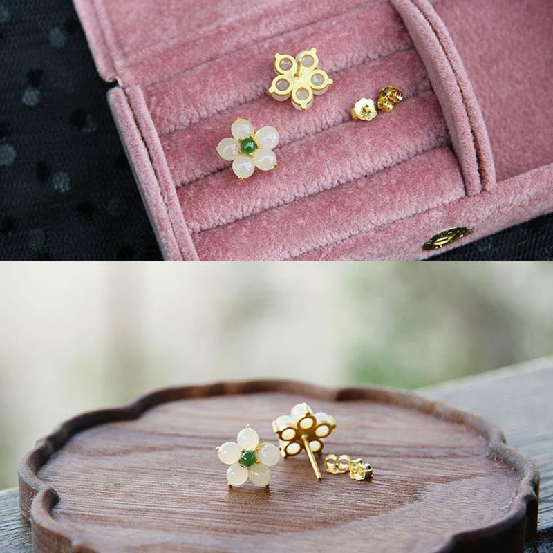 White Jade Luck Blessing Stud Earrings for Protection
