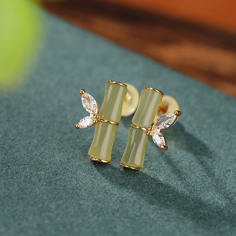 925 Sterling Silver Jade Bamboo Luck Stud Earrings