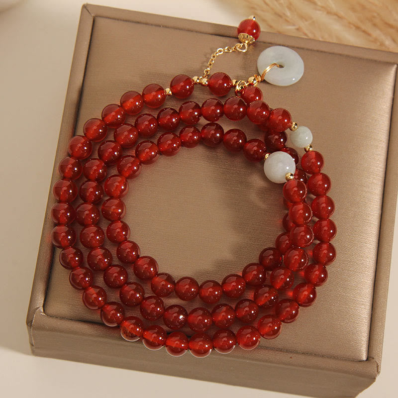 Red Agate Jade Peace Buckle Triple Wrap Agate Bracelet