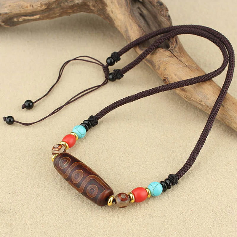 Unisex Agate Necklace with Nine-Eye and Three-Eyed Dzi Beads for Protection