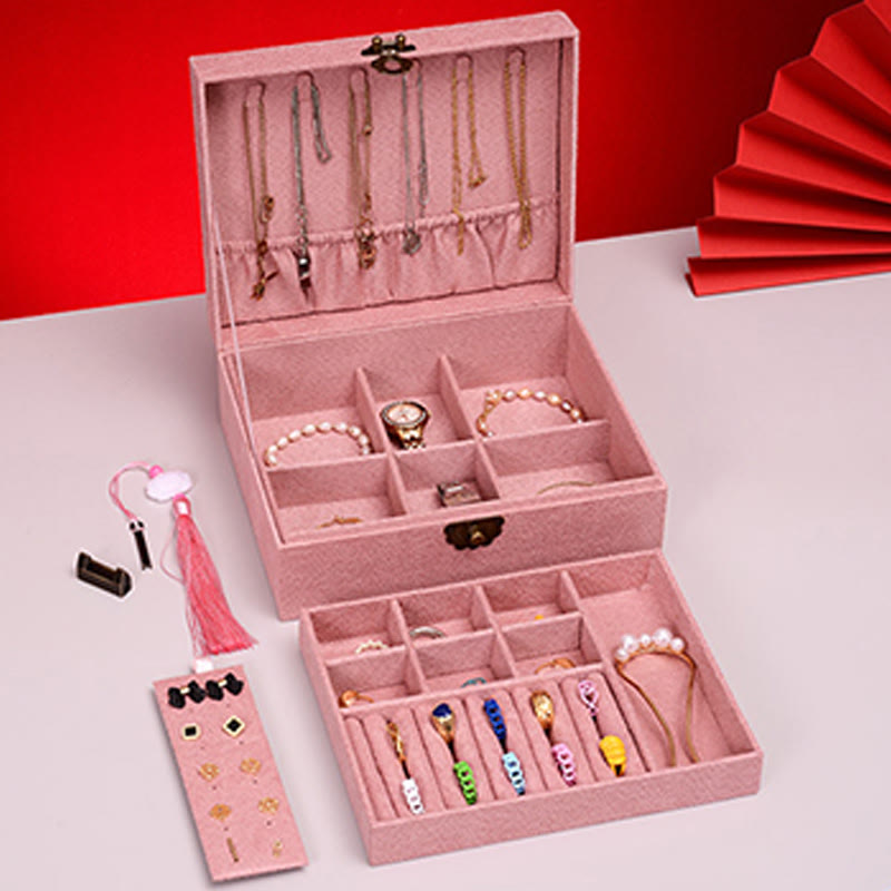Two-Layer Flannel Jewelry Box with Lock for Zen Decor