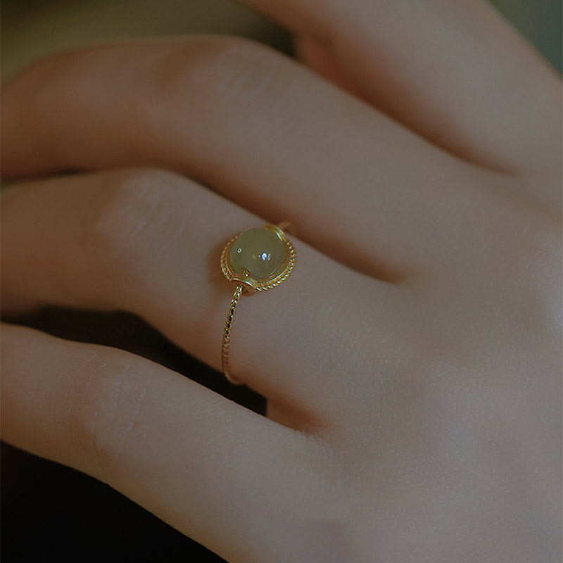 Adjustable 14K Gold Plated Jade Ring for Luck & Prosperity