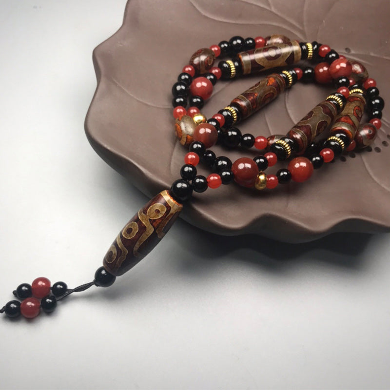Nine-Eye Dzi Bead Red Agate 9x12mm Wealth Necklace