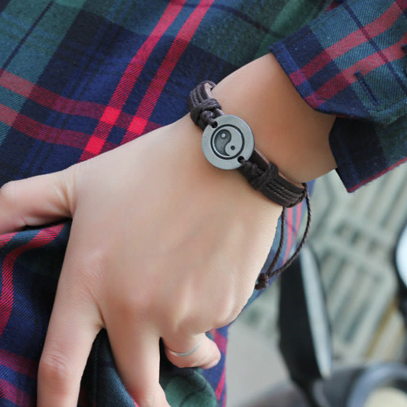 Adjustable Yin Yang Leather Harmony Bracelet 23cm