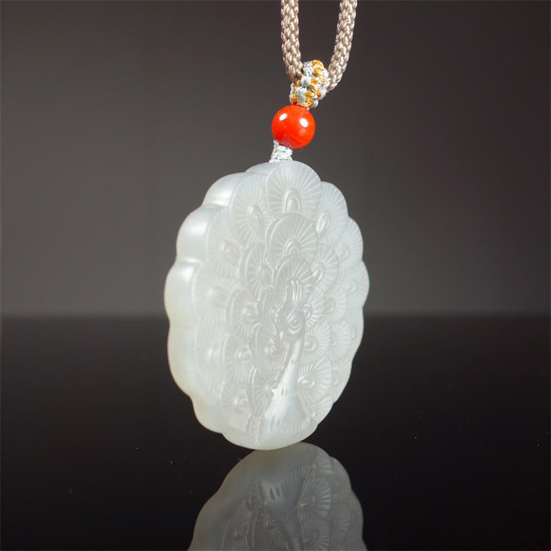 White Jade Peacock Protection Necklace Blessing Pendant