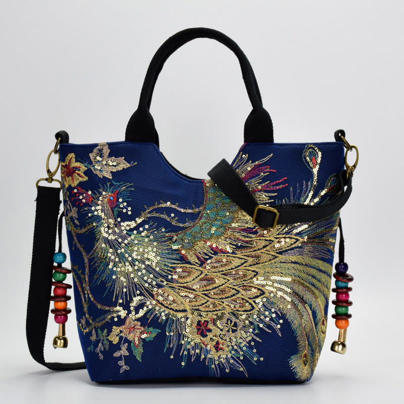 Peacock Embroidered Tote Bag | Canvas Shoulder Crossbody