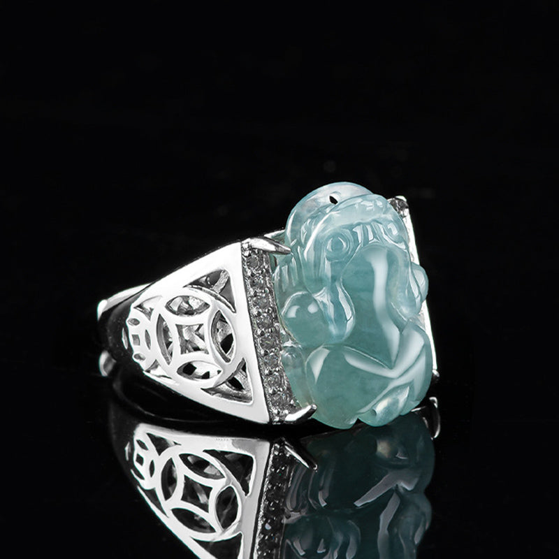 Sterling Silver Jade Pixiu Ring for Wealth & Luck
