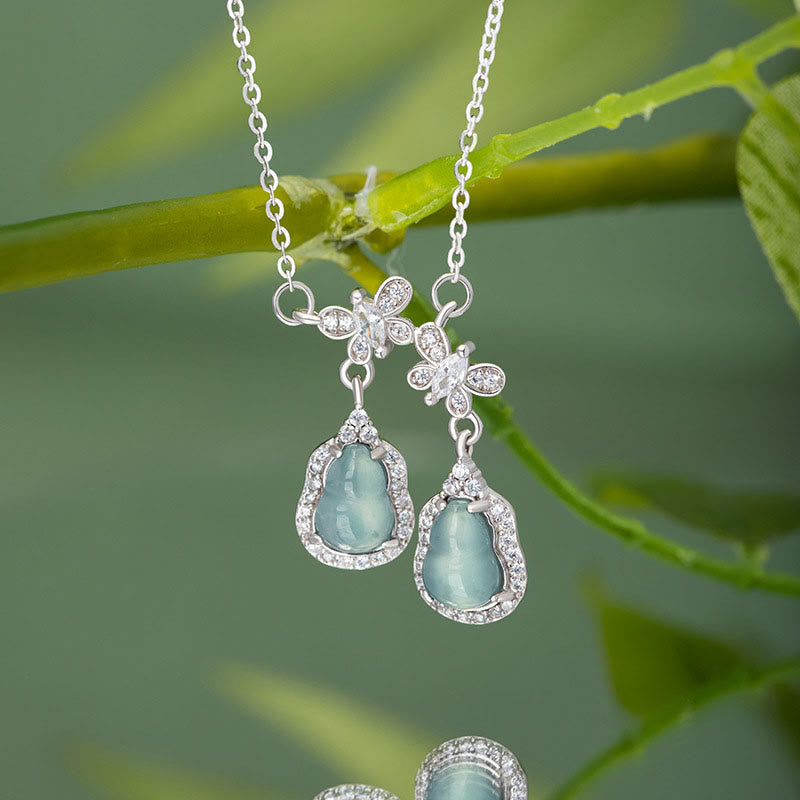 Green Jade Double Gourd Butterfly Luck Necklace