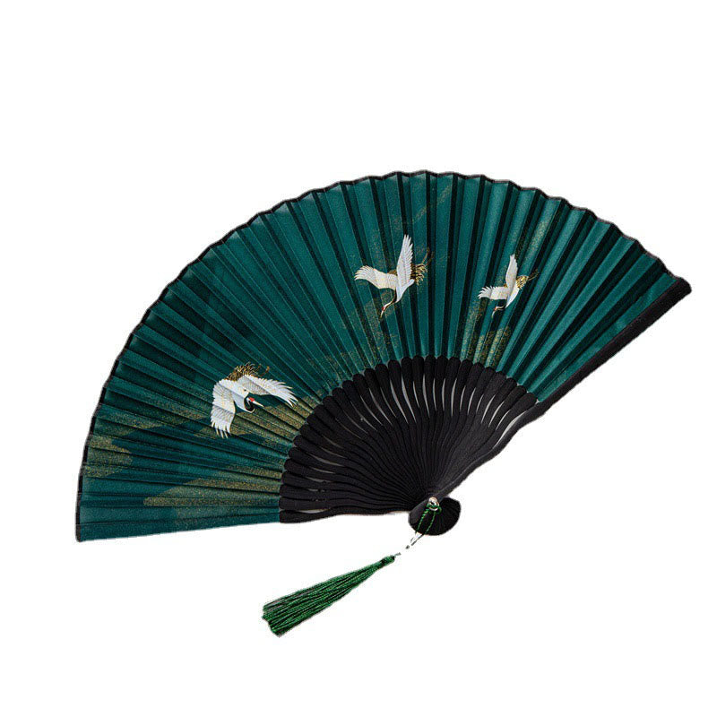 22cm Chinese Folding Silk Bamboo Fan with White Crane Design