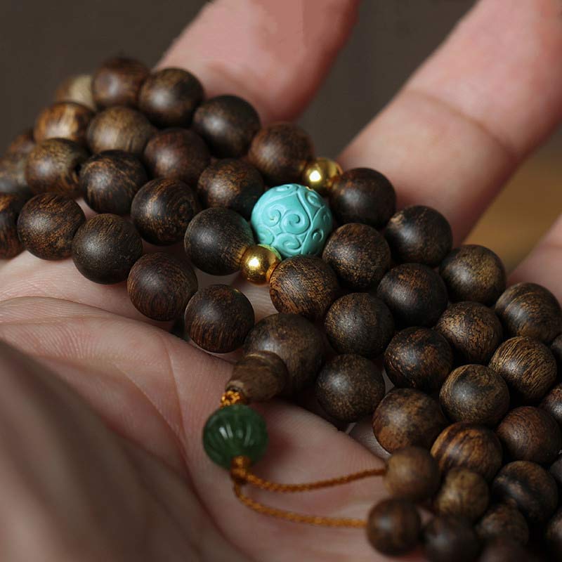 108 Wood Mala Beads Agarwood Turquoise Bracelet for Meditation