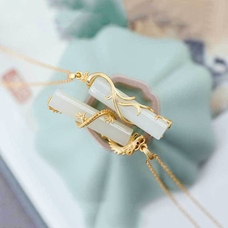 White Jade Copper Dragon Pendant Necklace for Protection
