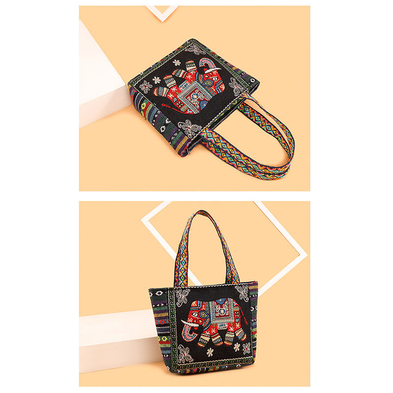 Large Canvas Tote Bag with Elephant Butterfly Embroidery - Spiritual Charm