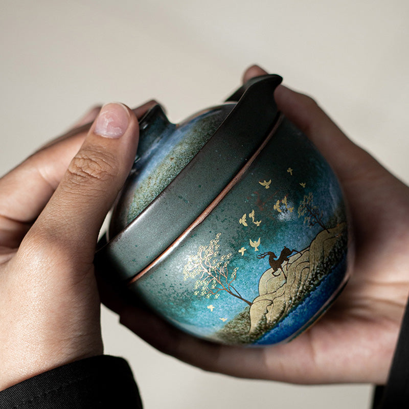 Ceramic Tea Cup with Deer and Cat Design for Spiritual Serenity