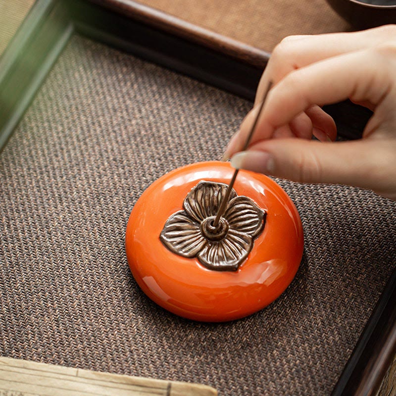 Ceramic Persimmon Incense Burner for Meditation Healing
