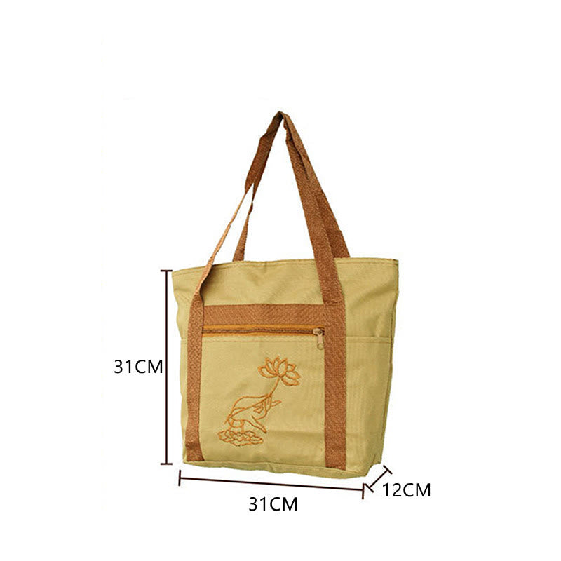 Spiritual Canvas Tote Bag with Lotus Embroidery Pattern