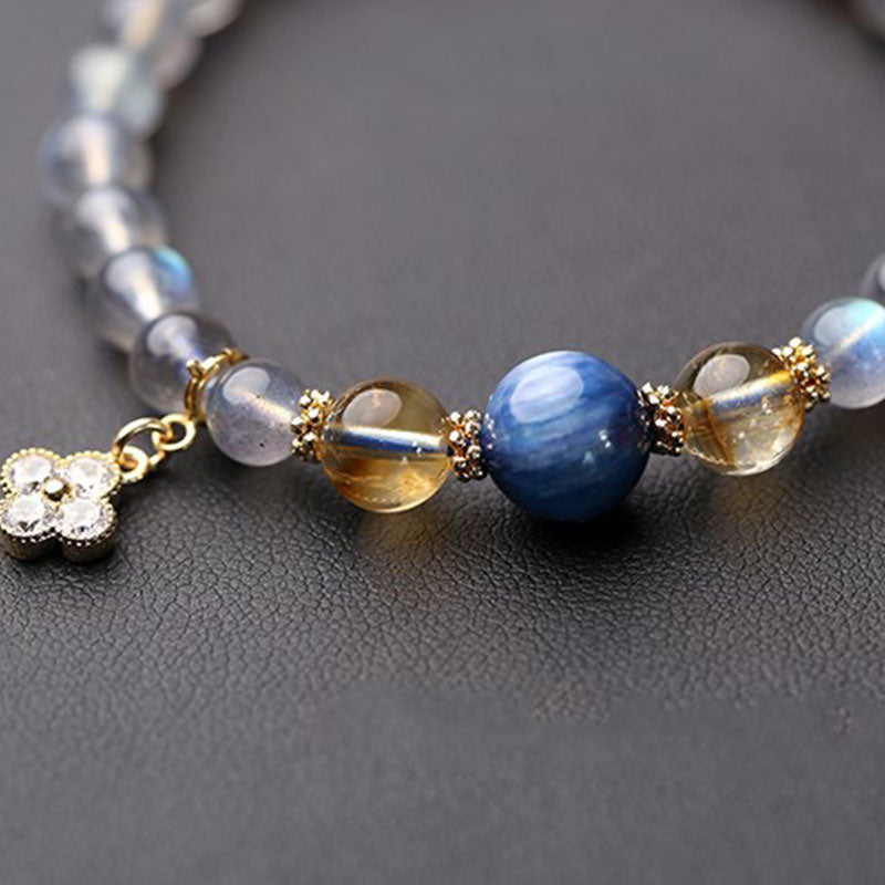 Moonstone Flower Charm Healing Bracelet 6-7mm Beads
