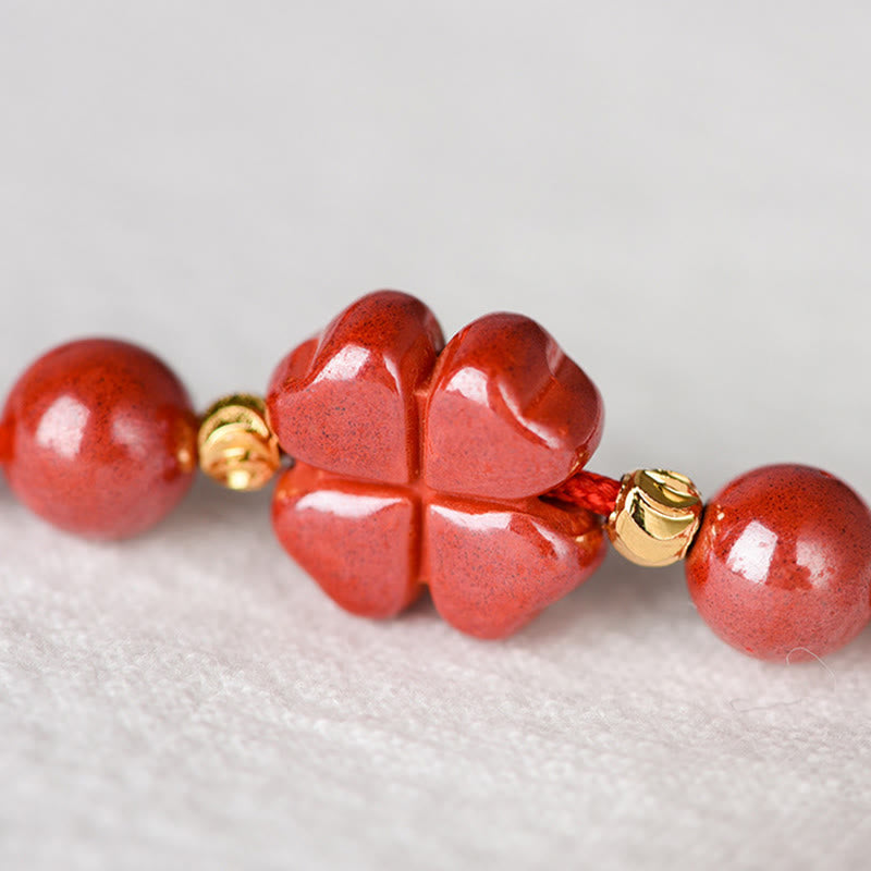 Cinnabar String Bracelet with Four Leaf Clover for Calm & Blessing