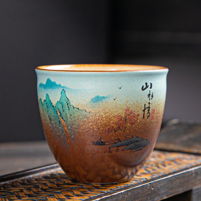 Ceramic Zen Teacup with Deer & Mountain Designs 150ml