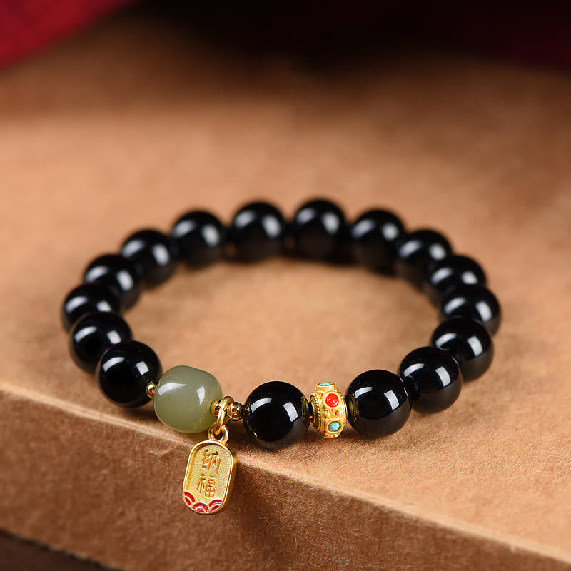 Black Onyx & Hetian Jade Lucky Fortune 8mm Bracelet
