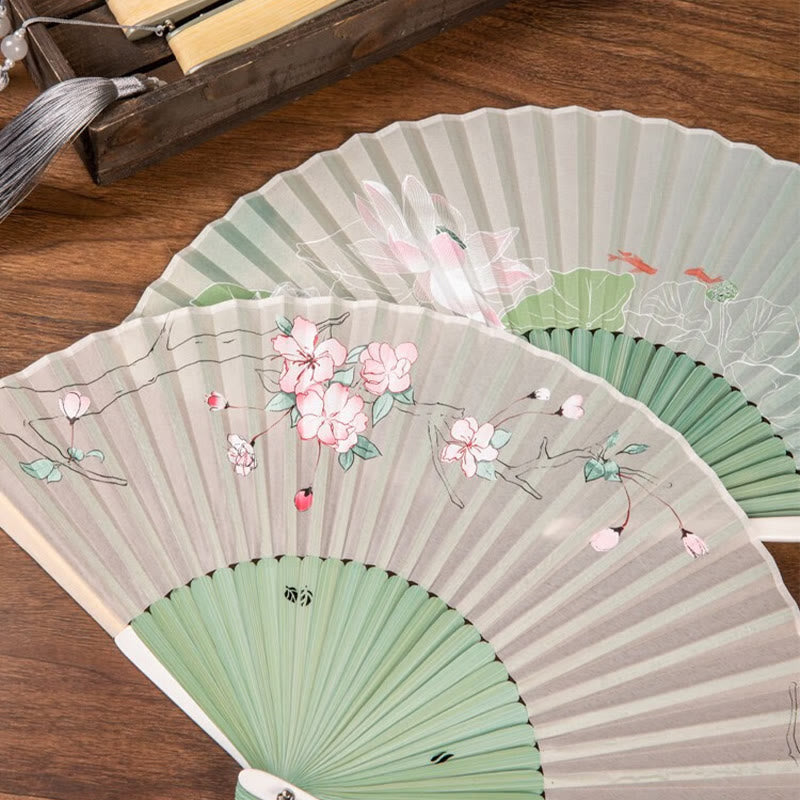 Jasmine Lotus Begonia Bamboo Folding Fan | Handheld Charm