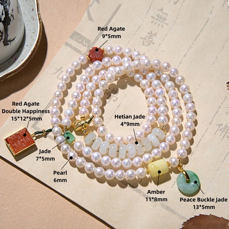 Quadruple Wrap Jade Bracelet with Pearl, Red Agate & Amber for Luck