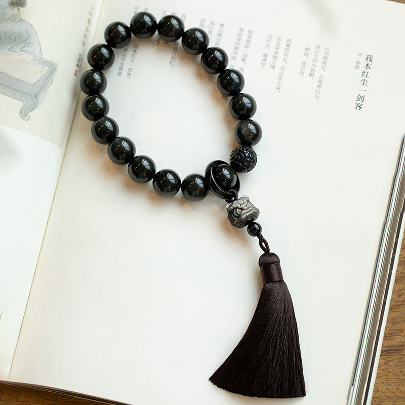 16mm Silver Sheen Obsidian Lion Wrist Mala for Protection & Wisdom