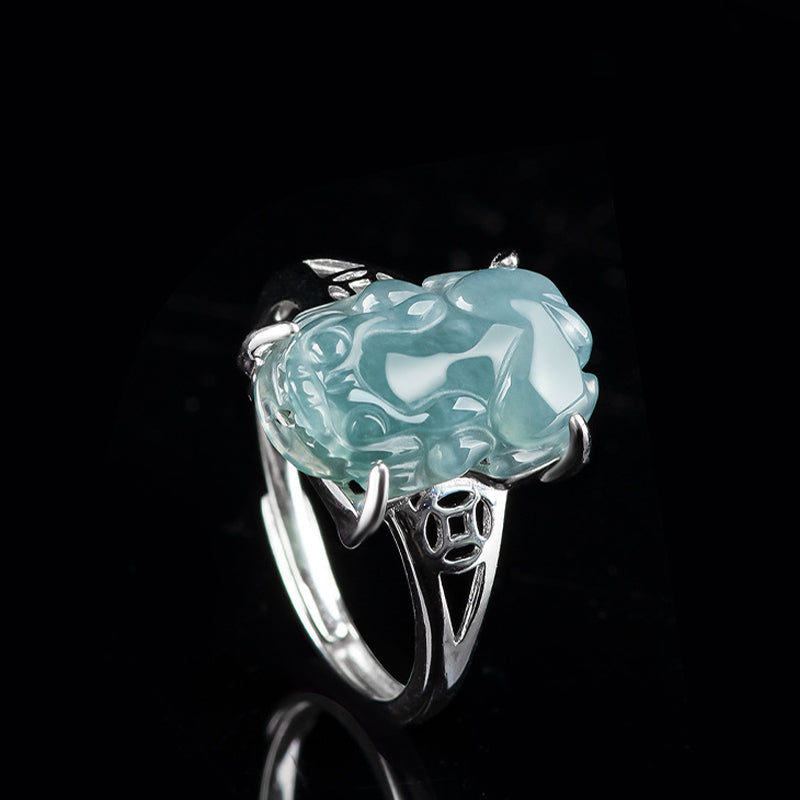 Sterling Silver Jade Pixiu Ring for Wealth & Luck