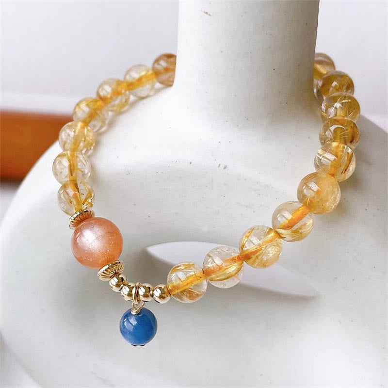 7mm Gold Rutilated Quartz Wealth Bracelet with Sun Stone & Kyanite
