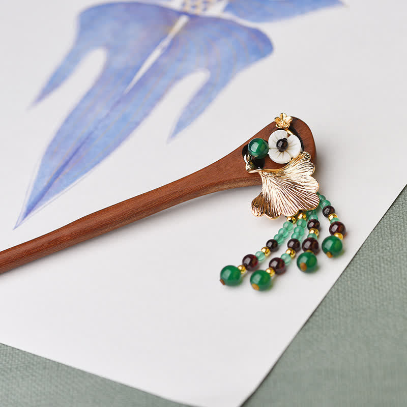 17cm Red Sandalwood Green Agate Protection Hairpin