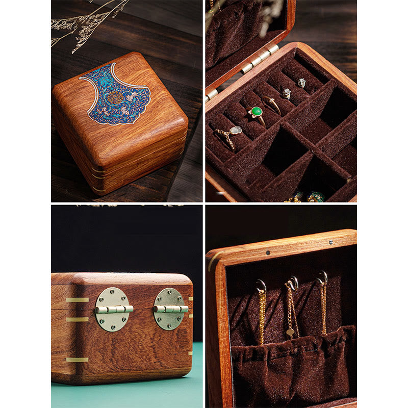 Rosewood Jewelry Box with Antique Flower Leaf Design - Handmade Storage