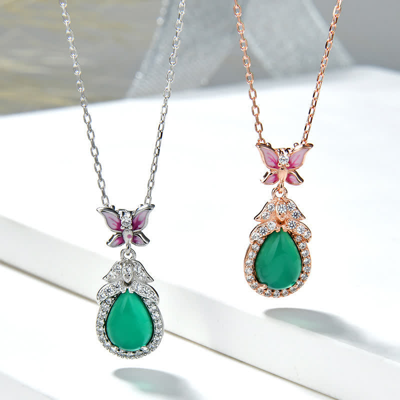 Unisex Green Chalcedony Butterfly Courage Necklace in Silver or Rose Gold