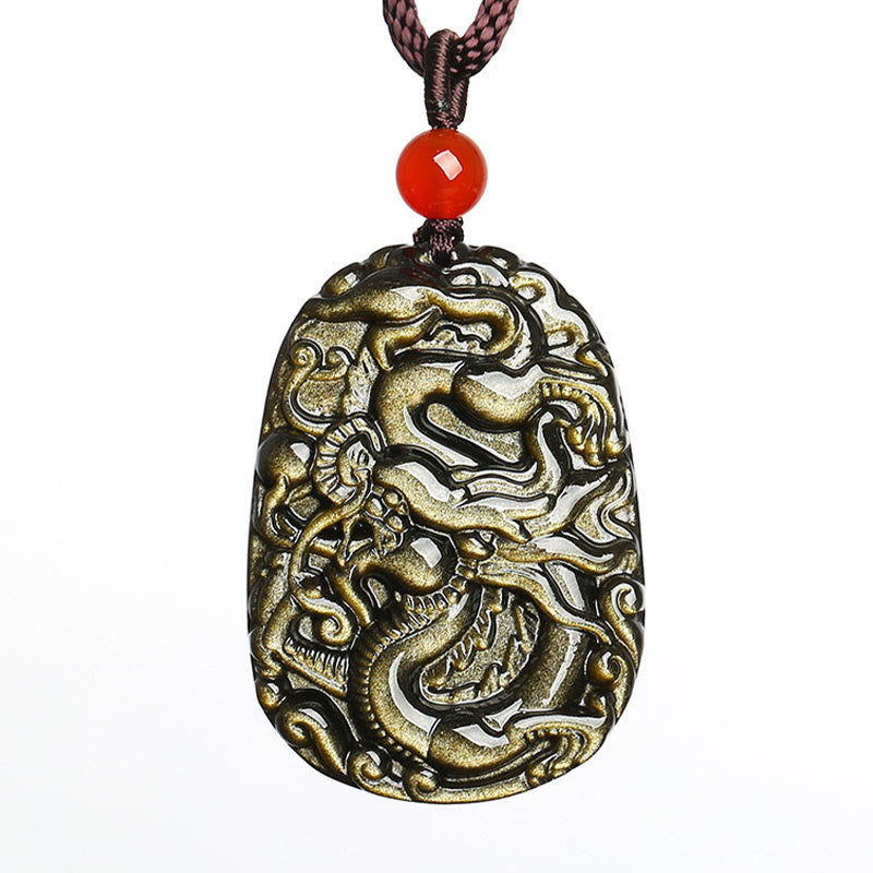 Gold Sheen Obsidian Dragon Necklace for Success & Power